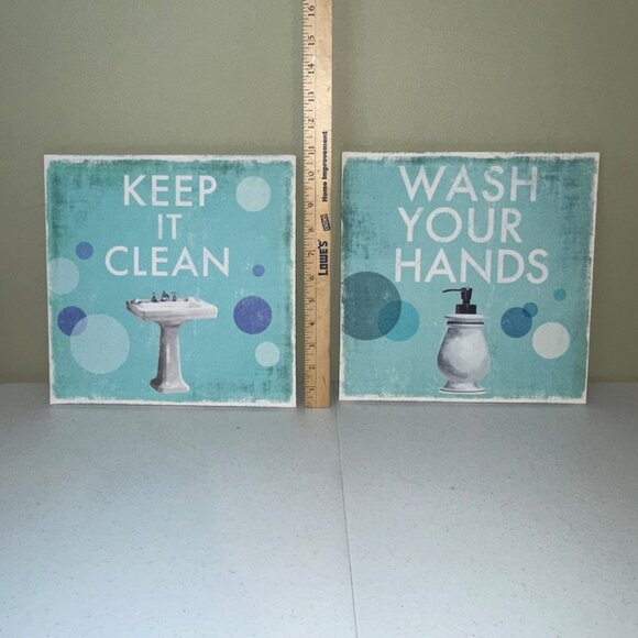 Wrapped canvas wall art for bathroom Wash your hands Keep it clean set of 2 - Picture 11 of 13